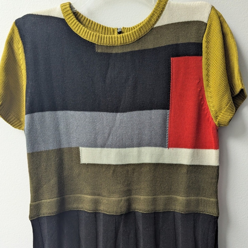 Vince Camuto Sweater Dress Multi Colorblock Geometric Pleated Sz M Retro Mod - Picture 2 of 8